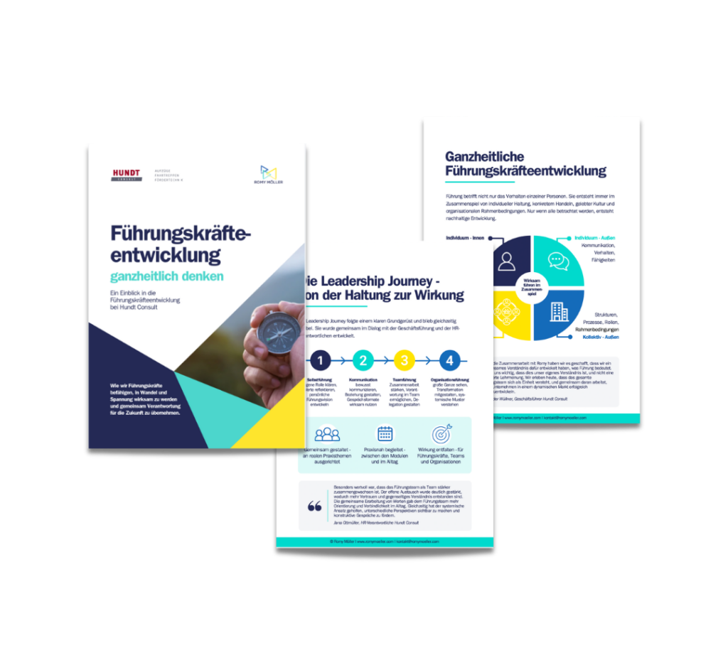 Führungskräfteentwicklungsprogramm ganzheitlich gestalten: mit dem Whitepaper erhältst du einen realen Einblick in eine Leadership Journey. Auf dem Bild sind drei Seiten des Whitepapers abgebildet.